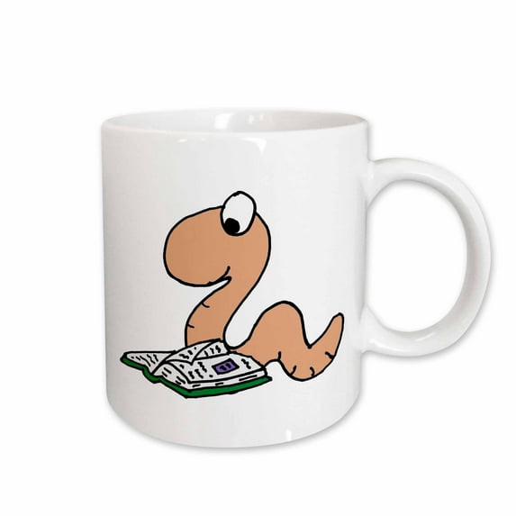 3drose, Funny Cute Bookworm Reading a Book Cartoon, 11oz Mug