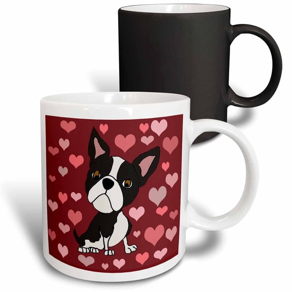 3drose, Funny Cute Boston Terrier Dog and Heart Love Pattern Abstract, 11oz Magic Transforming Mug