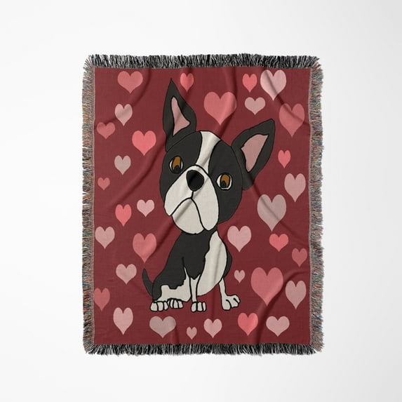 Funny Cute Boston Terrier Dog And Heart Love Pattern Abstract, Woven Blanket