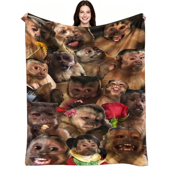 Funny Cute Capuchin Monkey Meme Printed, Soft Warm Flannel Fleece, Aesthetic Funny, Throw Blanket, Cozy Warm, Home Decor, Couch Sofa Bed, Animal Lovers Gift