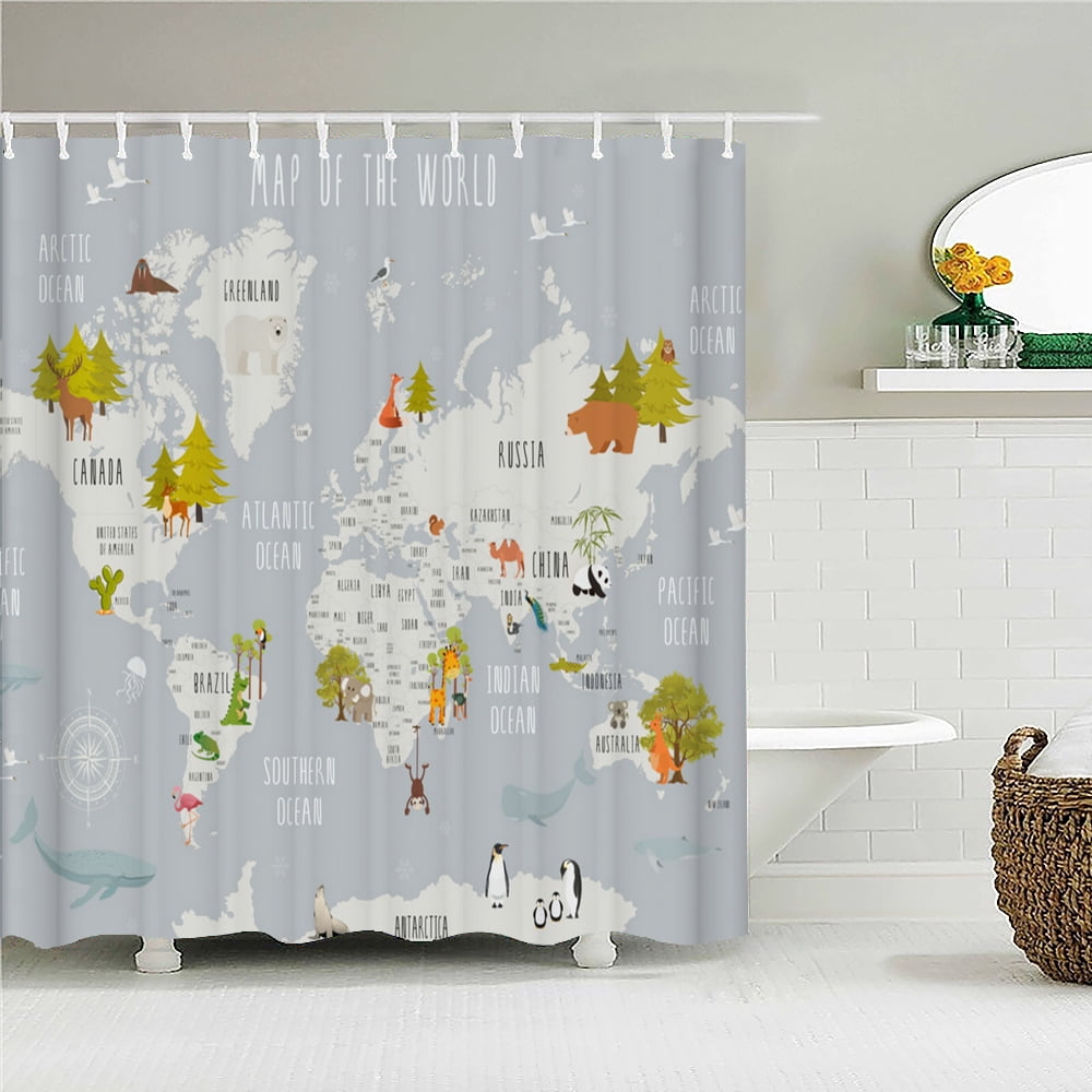 Funny Cute Cartoon Map of Animals Shower Curtains Bathroom Bathtub ...