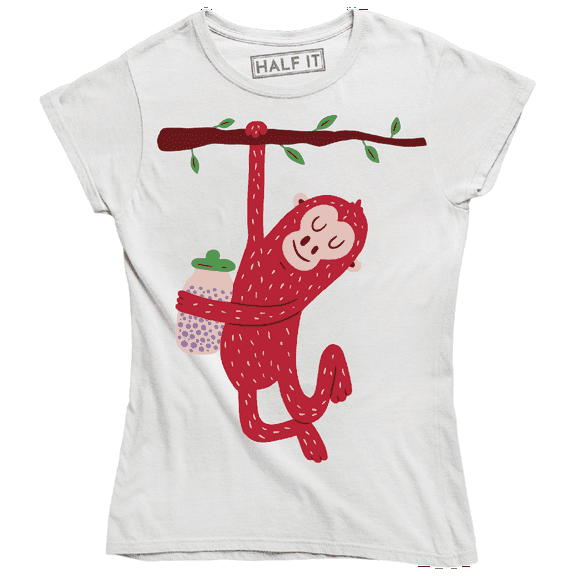Funny Cute Cartoon Monkey Hanging To The Branches Of Wood Women T-Shirt