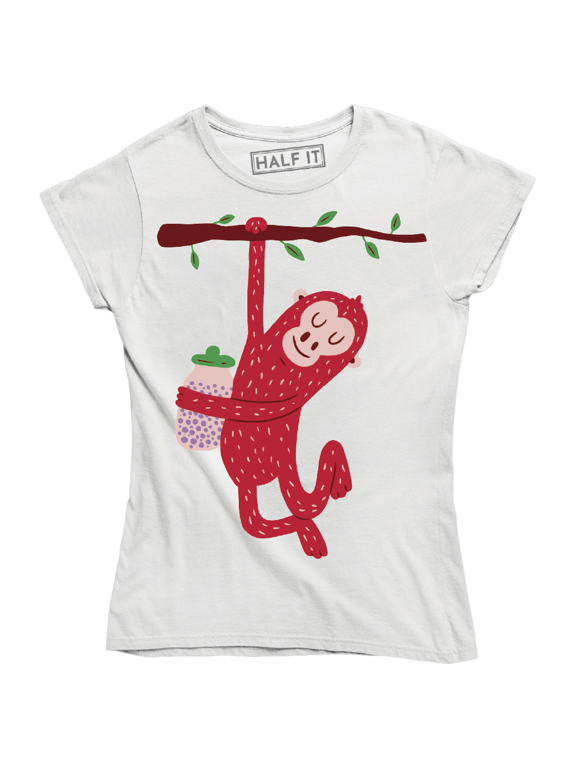 Funny Cute Cartoon Monkey Hanging To The Branches Of Wood Women T-Shirt