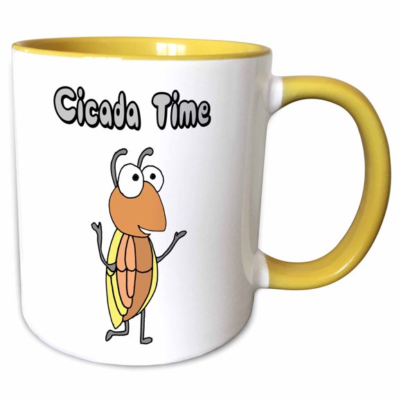 3drose, Funny Cute Cicada Time Insect Bug Cartoon, 11oz Two-tone Yellow Mug