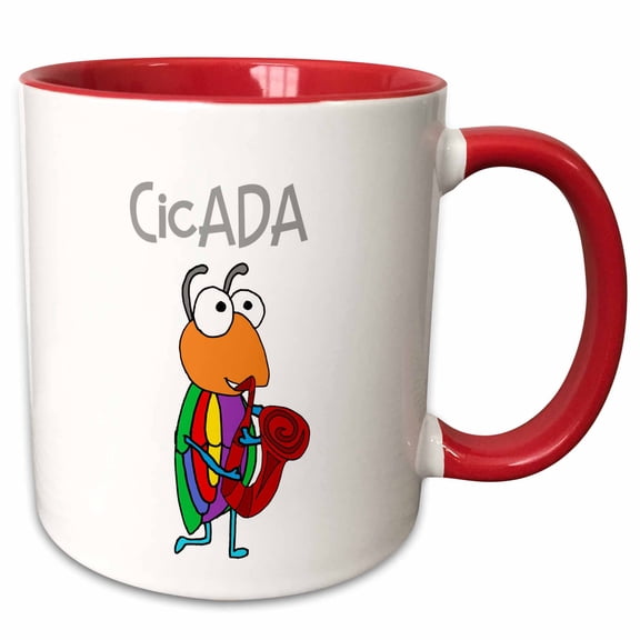 3drose, Funny Cute Colorful Cicada Playing Saxophone Jazz Music Cartoon, 11oz Two-tone Red Mug