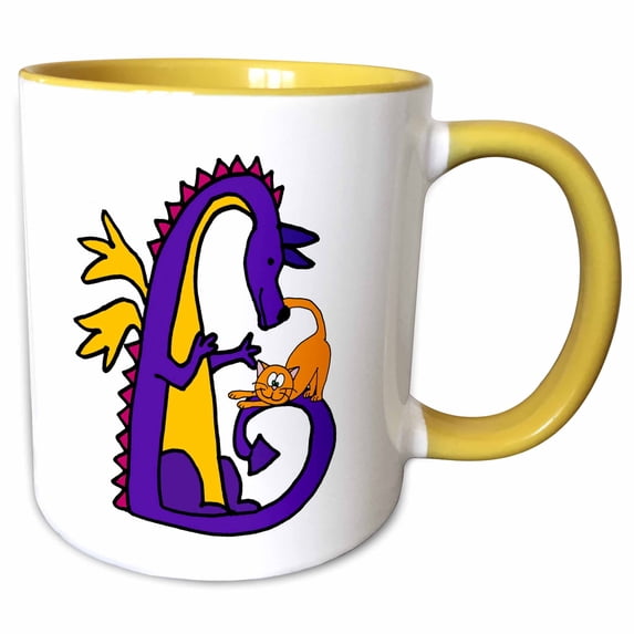 3drose, Funny Cute Colorful Dragon Talking to Orange Kitty Cat Cartoon, 15oz Two-tone Yellow Mug