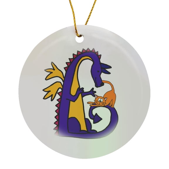 3drose, Funny Cute Colorful Dragon Talking to Orange Kitty Cat Cartoon, Circle Porcelain Ornament