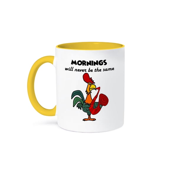 3drose, Funny Cute Colorful Funky Rooster Playing Saxophone Cartoon, 11oz Two-tone Yellow Mug