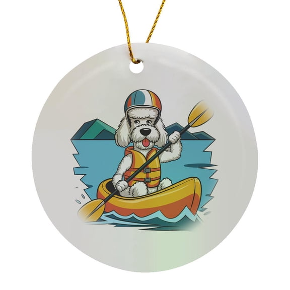 3drose, Funny Cute Colorful Poodle Puppy Dog Kayaking in Kayak Abstract, Circle Porcelain Ornament