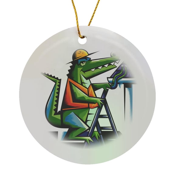 3drose, Funny Cute Cool Alligator Cleaning Gutters Yard Work Gator Abstract, Circle Porcelain Ornament