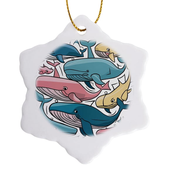 3drose, Funny Cute Cool Artistic Colorful Beach Whales Pattern Animal Abstract, 3 inch Snowflake Porcelain Ornament
