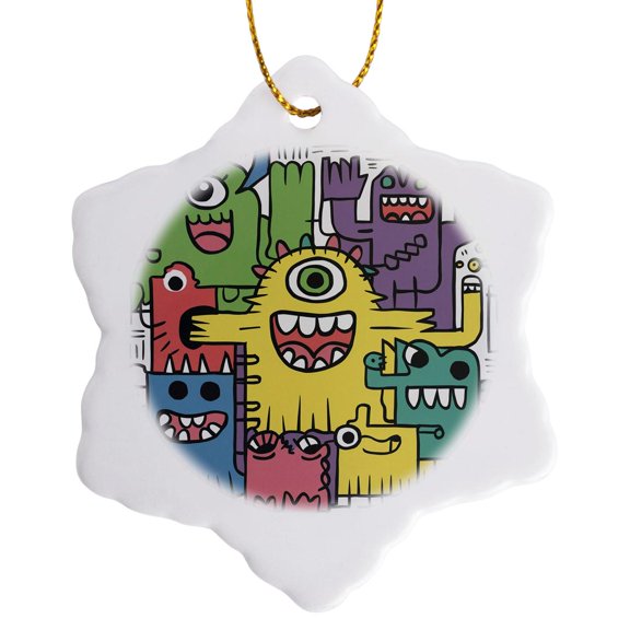 3drose, Funny Cute Cool Artistic Colorful Monsters Pattern Animal Abstract, 3 inch Snowflake Porcelain Ornament