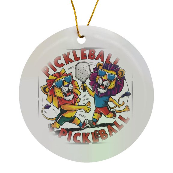 3drose, Funny Cute Cool Artistic Lions Playing Pickleball Sports Abstract, Circle Porcelain Ornament
