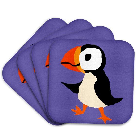 3drose, Funny Cute Cool Dancing Puffin Bird Primitive Art, Set of 4 Coasters - Soft