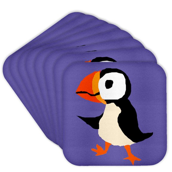 3drose, Funny Cute Cool Dancing Puffin Bird Primitive Art, Set of 8 Coasters - Soft
