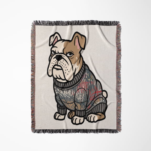 Funny Cute Cool English Bulldog Dog Wearing Colorful Sweater Graffiti, Woven Blanket