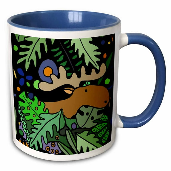 3drose, Funny Cute Cool Moose in the Forest Cartoon, 11oz Two-tone Blue Mug