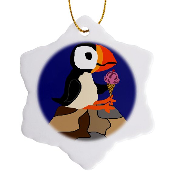 3drose, Funny Cute Cool Puffin Bird Eating Ice Cream Cone Primitive Art, 3 inch Snowflake Porcelain Ornament