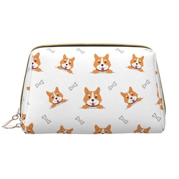 Funny Cute Corgi Dog Bones_A Makeup Bag, Large Capacity Travel Cosmetic Bag for Women Girls- Travel Toiletry Bag Leather Portable Waterproof Makeup Case Organizer with Handle