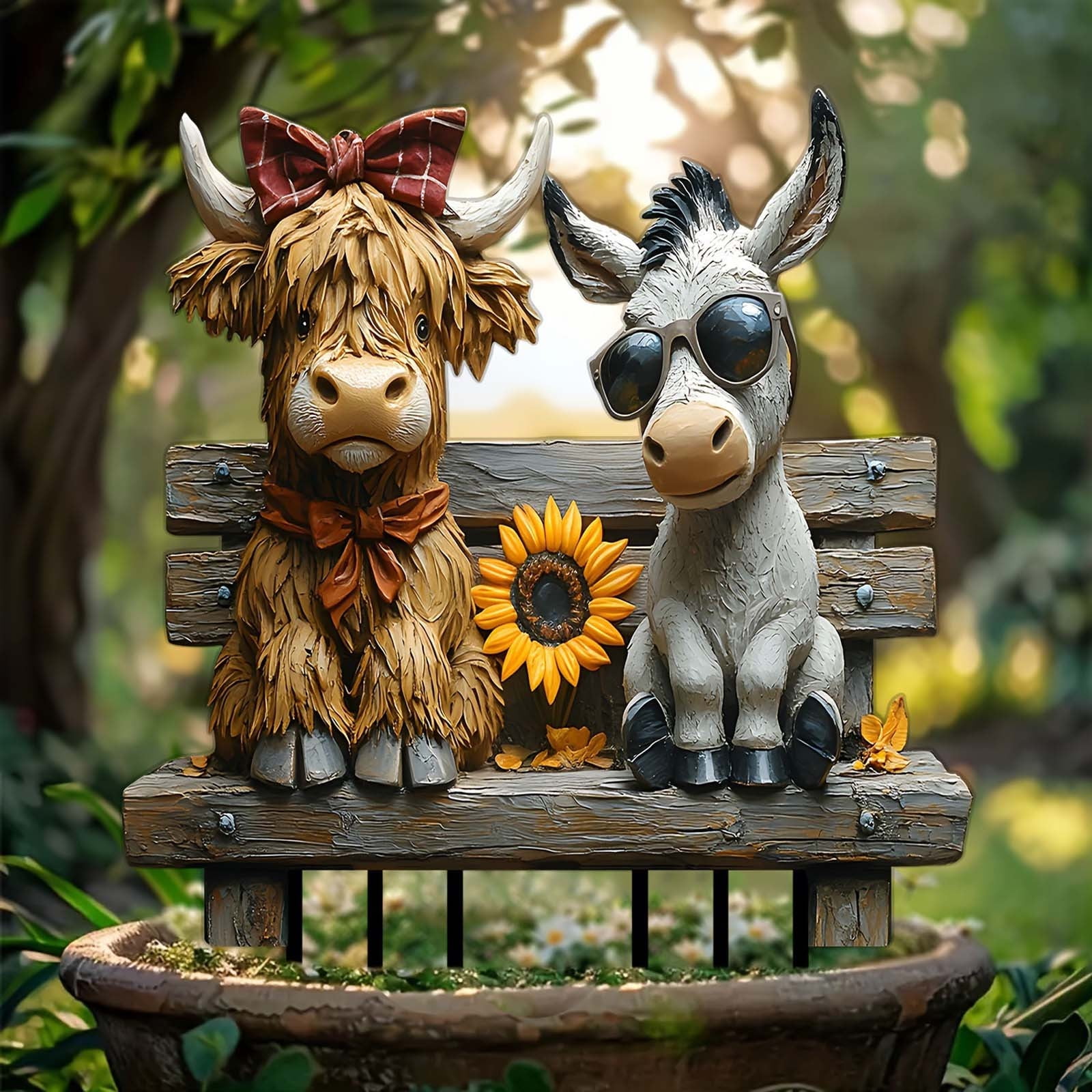 Funny Cute Cow & Donkey Statue Insertion, Double Acrylic Outdoor Space Flower Pot Decoration Ground Insertion, Unique Animal-Shaped Garden Figurine