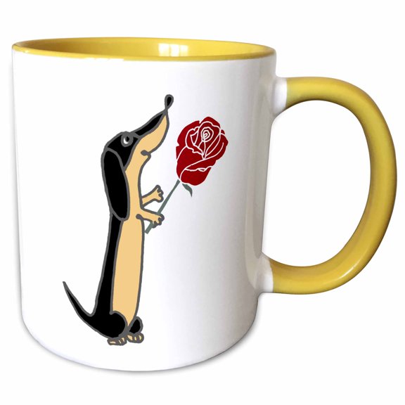 3drose, Funny Cute Dachshund Dog with Red Rose Flower Cartoon, 11oz Two-tone Yellow Mug