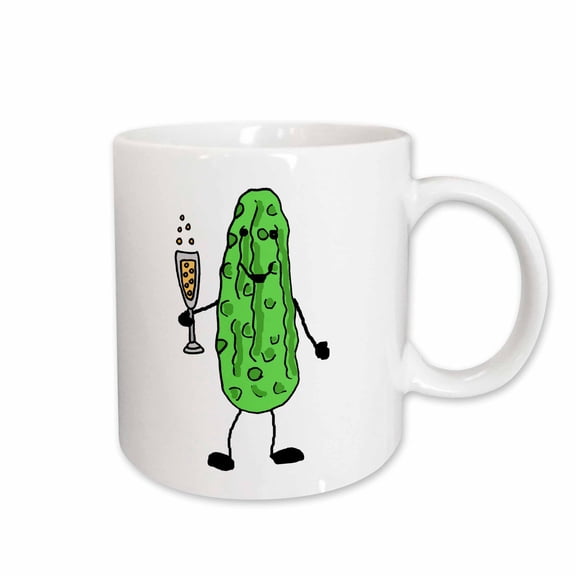 3drose, Funny Cute Dill Pickle Drinking Champagne Cartoon, 11oz Mug