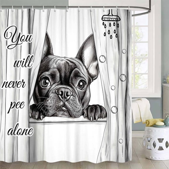 Funny Cute Dog Shower Curtain, Black White Bulldog Puppy Animal Prints - Humorous Shower Curtain for Bathroom, Grey and Black Theme Bath Curtain Set with Hooks, 70X85in