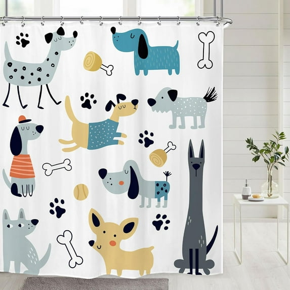 Funny Cute Dogs Shower Curtain 72Wx72H Inch Kids Cartoon Animal Lovely Paw Print Bones Childish Puppy Pets Boys Girls Bathroom Decor Fabric Polyester Waterproof 12 Pack Hooks