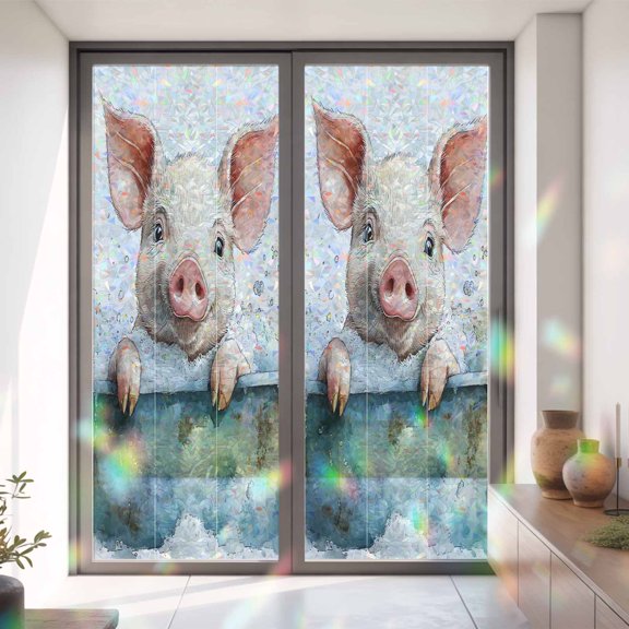 Funny Cute Farm Pig on Bathtub Window Privacy Film,Decorative Windows Static Cling Watercolor Farmhouse Heat Control Removable Glass Sticker for Home Bathroom Bedroom Window Door,35x79in