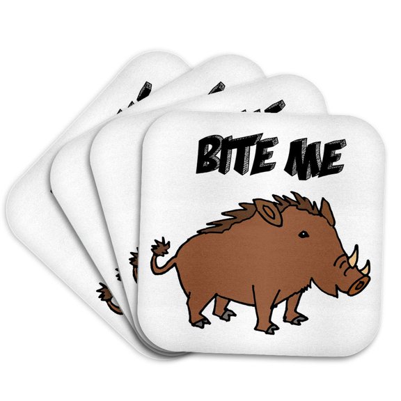 3drose, Funny Cute Feral Hog or Pig Wild Boar Says Bite Me Cartoon, Set of 4 Coasters - Soft
