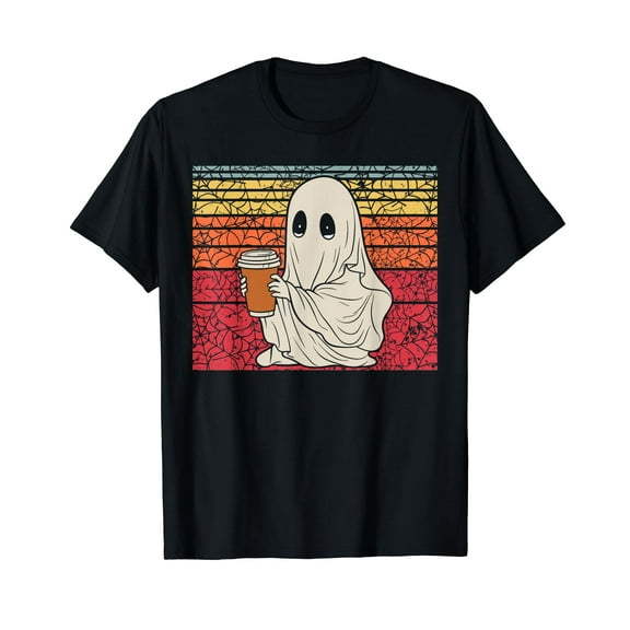 Funny Cute Ghost Drink Iced Coffee Retro Halloween Costume Black T-Shirt Cotton Tee Gift Unisex