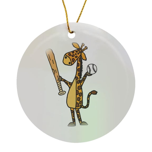 3drose, Funny Cute Giraffe Playing Baseball or Softball Cartoon, Circle Porcelain Ornament