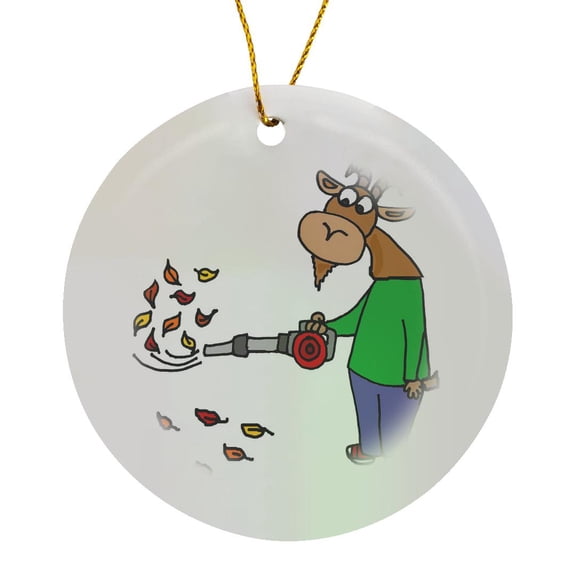 3drose, Funny Cute Goat Using Leaf Blower Cartoon, Circle Porcelain Ornament