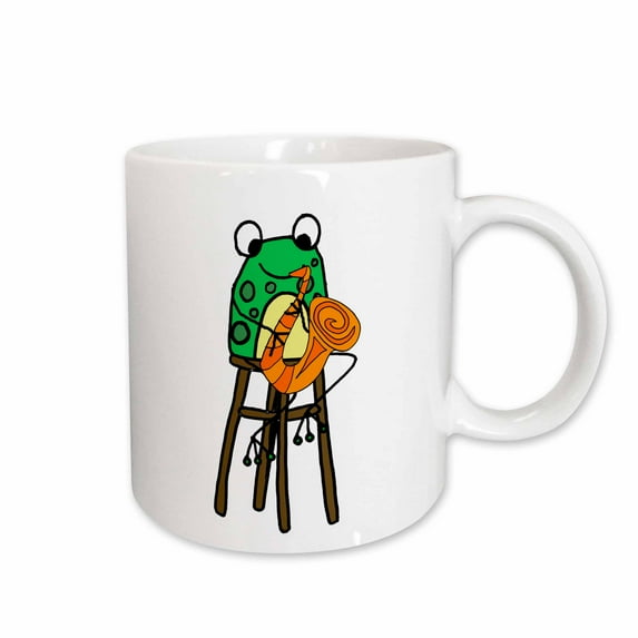 3drose, Funny Cute Green Frog Playing Saxophone Jazz Music Cartoon, 15oz Mug