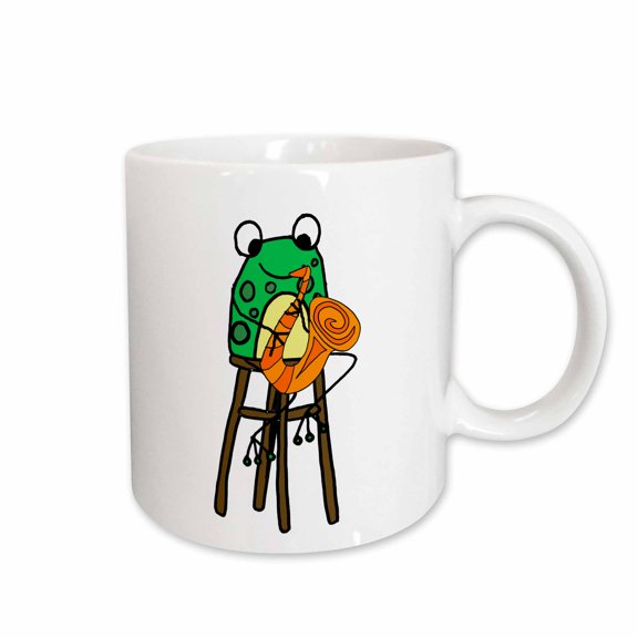3drose, Funny Cute Green Frog Playing Saxophone Jazz Music Cartoon, 15oz Mug