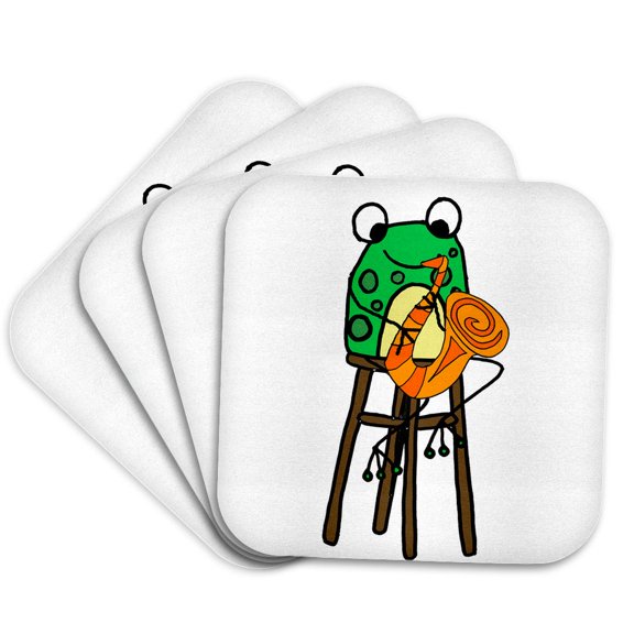 3drose, Funny Cute Green Frog Playing Saxophone Jazz Music Cartoon, Set of 4 Coasters - Soft