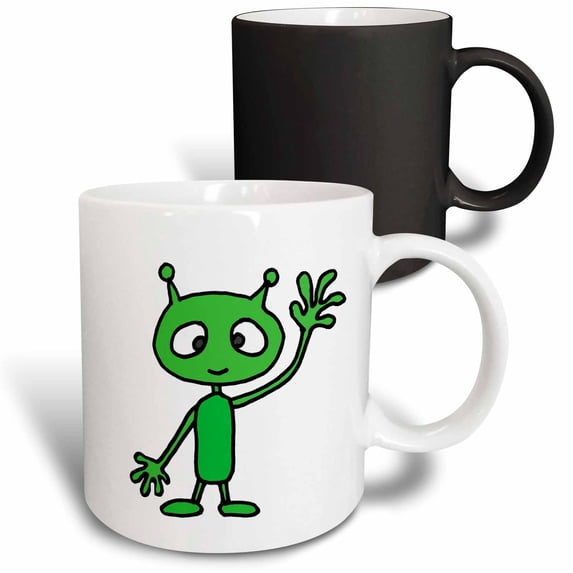 3drose, Funny Cute Green Martian Alien Waving Cartoon, 11oz Magic Transforming Mug