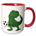 thumbnail image 1 of 3drose, Funny Cute Green T-rex Dinosaur Playing Soccer Cartoon, 15oz Two-tone Red Mug, 1 of 6