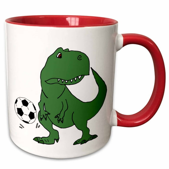3drose, Funny Cute Green T-rex Dinosaur Playing Soccer Cartoon, 15oz Two-tone Red Mug