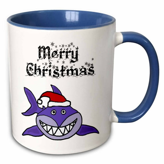 3drose, Funny Cute Grinning Shark in Santa Hat Merry Christmas Cartoon, 11oz Two-tone Blue Mug