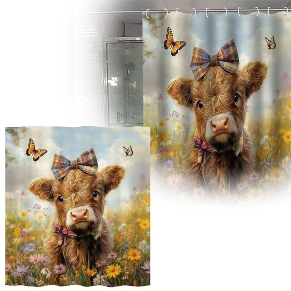 Funny Cute Highland Cow Shower Curtains Farmhouse Rustic Floral Western Cattle Bull