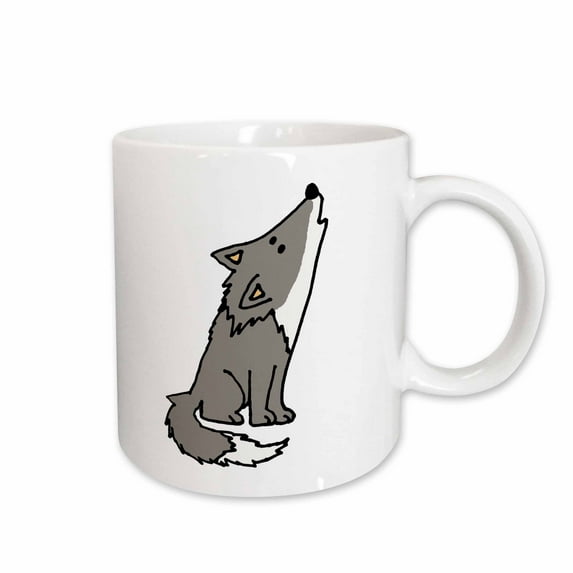 3drose, Funny Cute Howling Grey Wolf Cartoon, 11oz Mug