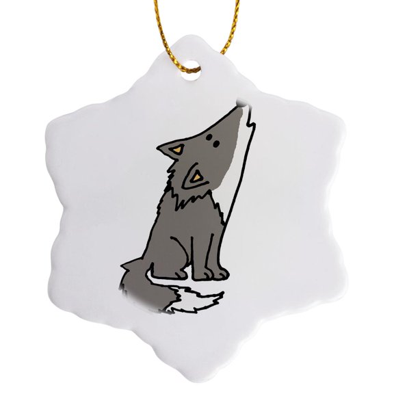 3drose, Funny Cute Howling Grey Wolf Cartoon, 3 inch Snowflake Porcelain Ornament