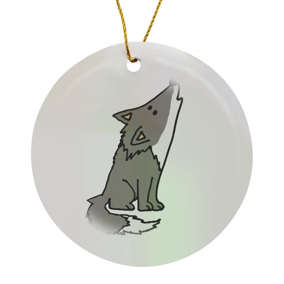 3drose, Funny Cute Howling Grey Wolf Cartoon, Circle Porcelain Ornament