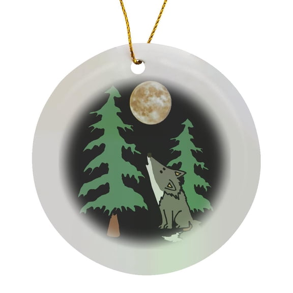 3drose, Funny Cute Howling Grey Wolf with Full Moon and Trees Nature, Circle Porcelain Ornament