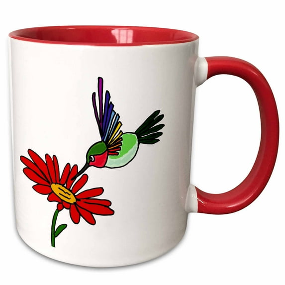 Funny Cute Hummingbird and Red Daisy Flower 15oz Two-Tone Red Mug mug-256440-10