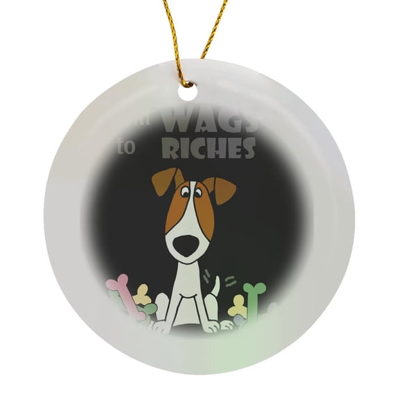 3drose, Funny Cute Jack Russell Terrier from Wags to Riches Dog Pun Cartoon, Circle Porcelain Ornament
