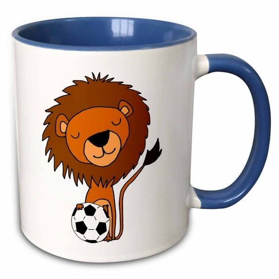 3drose, Funny Cute Lion Playing Soccer Cartoon Art, 11oz Two-tone Blue Mug