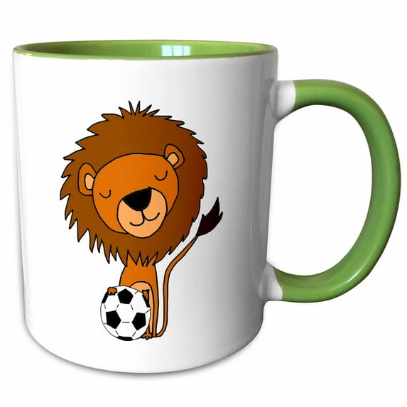 3drose, Funny Cute Lion Playing Soccer Cartoon Art, 11oz Two-tone Green Mug