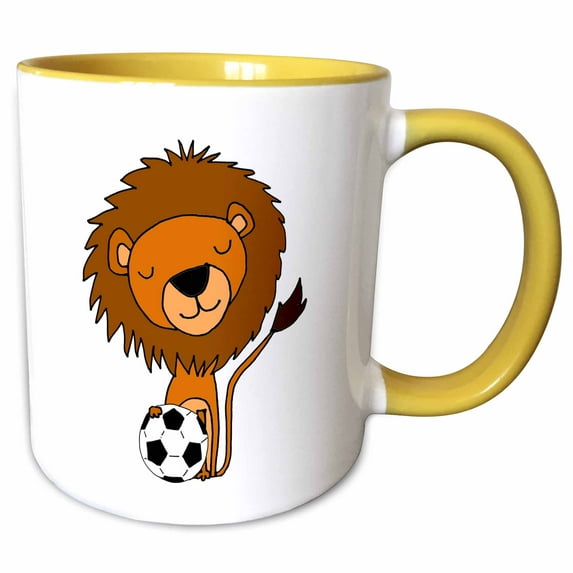 3drose, Funny Cute Lion Playing Soccer Cartoon Art, 11oz Two-tone Yellow Mug